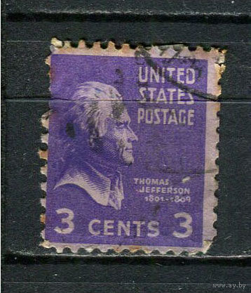 США - 1938/1954 - Томас Джефферсон 3С - (есть тонкое место) - [Mi.414A] - 1 марка. Гашеная.  (Лот 66Fi)-T25P15