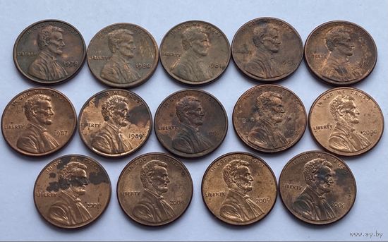 1 цент 1978 г. - 2006 г., США. Цена за 1 монету.