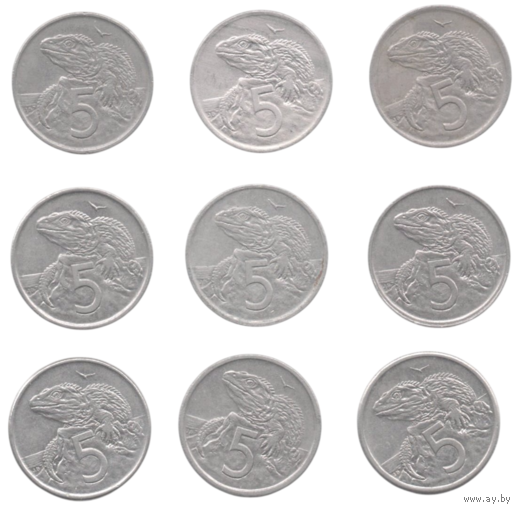 Королевство Новая Зеландия. 5 центов 1967, 1970, 1972, 1974, 1975, 1978, 1980, 1981, 1982, 1985. 2-й тип портрета. Фауна. Ящерица гаттерия (туатара). Цена за одну монету.