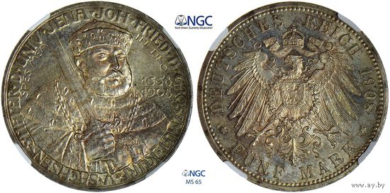 5 марок 1908 г. А. Саксен-Веймар-Эйзенах. Германия. NGC MS 65. 350 лет Йенскому университету. Серебро. КМ# 220