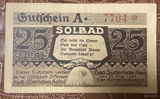 Нотгельд 25 пфеннигов 1921 год. Бад-Зюдерод. Веймарская республика