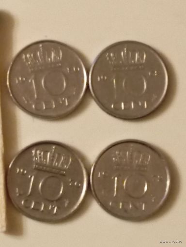 Нидерланды. 10 центов, 1968,1972,1976,1980