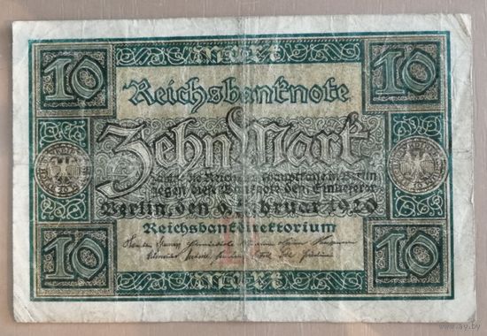 Германия, 10 марок 1920 г., Ro.63a, DEU-72a, на аверсе литера "D"