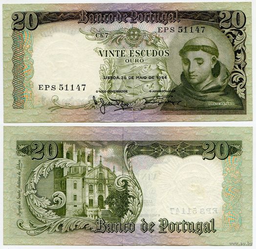 Португалия. 20 эскудо (образца 1964 года, P167b, подпись 2, aUNC)