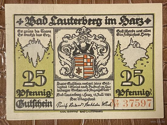 Нотгельд 25 пфеннигов 1921 год. Бад-Лаутерберг,. Веймарская республика