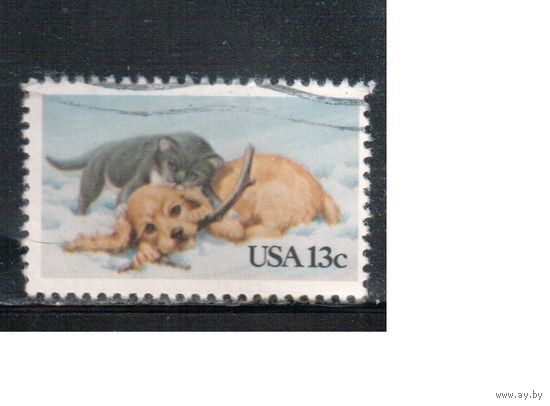 США-1982, (Мих.1611) , гаш., Фауна, Кошки, Собаки  (одиночка),(2)