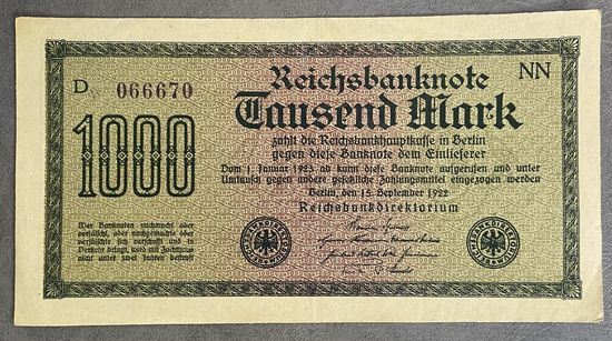 Банкнота 1000 марок 1922 год. Веймарская республика.