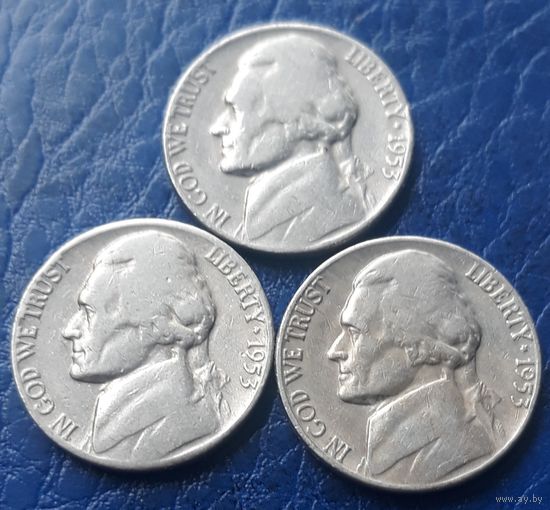 5 центов  1953 P D S США Джеферсон 3 монеты