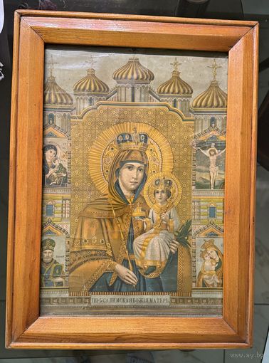Старинная литография Иерусалимская икона Божией Матери в раме