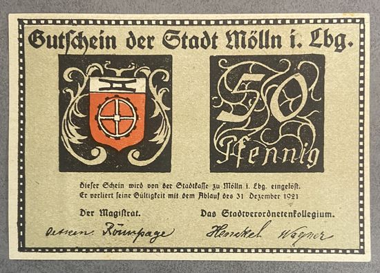 Нотгельд Мёлльн 50 пфеннигов 1921 год. Веймарская республика