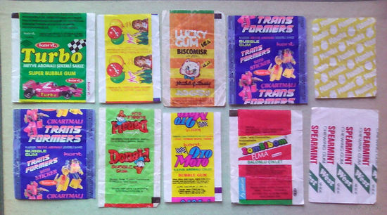 Обёртки (фантики) от жвачек (Turbo, Donald, BomBibom ELMA, Mamba, Lucky gum Biscomisr, OtoMoto Kavun, Maysoun Al-Fardos, West Spearmint, Transformers трансформеры).