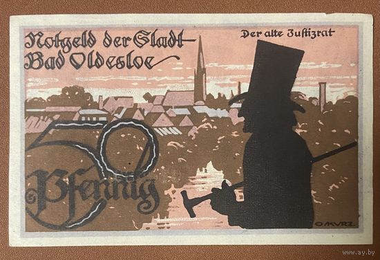 Нотгельд 50 пфеннигов 1921 год. Бад-Ольдеслоэ. Веймарская республика