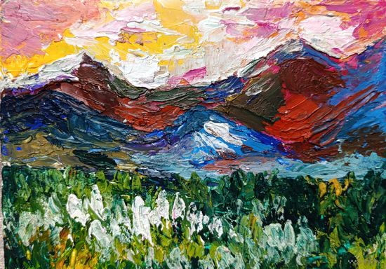 Картина акрилом, горный пейзаж, импасто, 15x21
