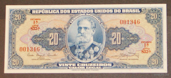 Бразилия 20 крузейро 1963 синяя UNC