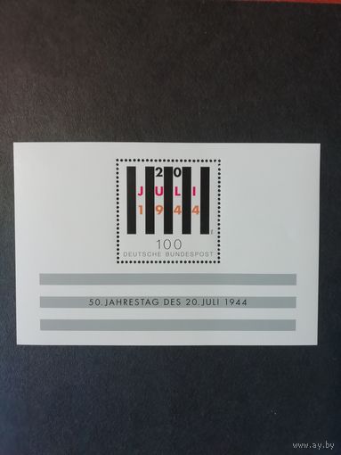 Германия. 1994 Блок Mi.29 с маркой "50 лет со дня покушения на Гитлера" (чистый**) марка Mi.1741 каталог 2.00 евро