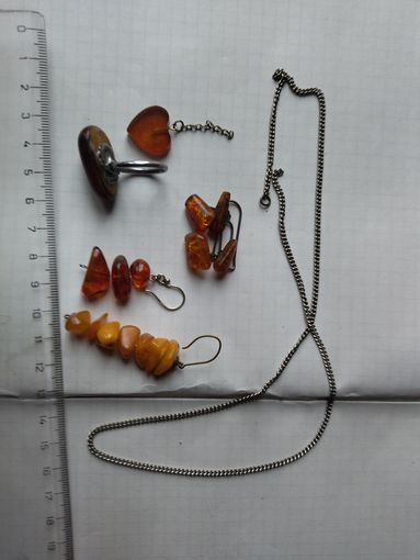 Серьги, кольцо запонки янтарь