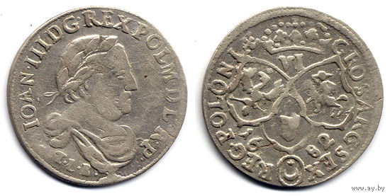 6 грошей (шостак) 1682 TLB, Ян III Собесский, Быдгощ. Ав: бюст в лавровом венке и античной тоге, Рв - герб Лелива, фигурные щиты. Коллекционное состояние