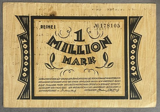 Банкнота 1 миллион марок 1923 год. Дюссельдорф. Веймарская республика.