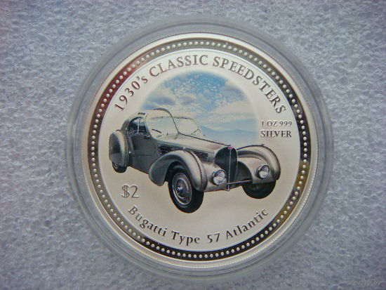 2 доллара 2006. Острова Кука. Bugatti Type 57 Atlantic. Автомобиль ретро. Королева Елизавета II. Серебро 999 пробы. Вес 31,5 (1 унция).