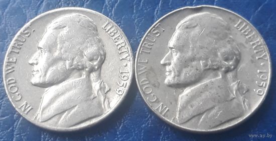 5 центов  1959 Р  D США Джеферсон 2 монеты