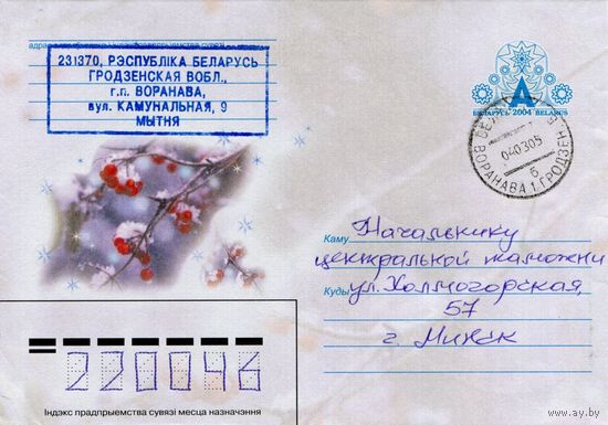 2004. Конверт, прошедший почту "Ветка рябины в снегу"