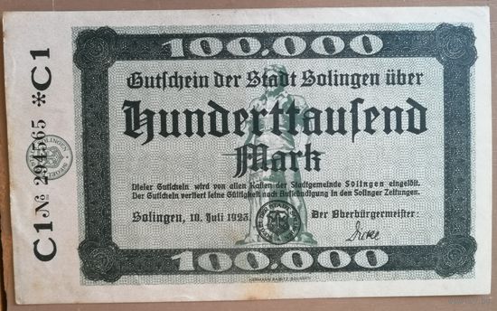 Германия 100000 марок 1923 г Золинген (Solingen) 4809с, #6 *, тип C1, XF+