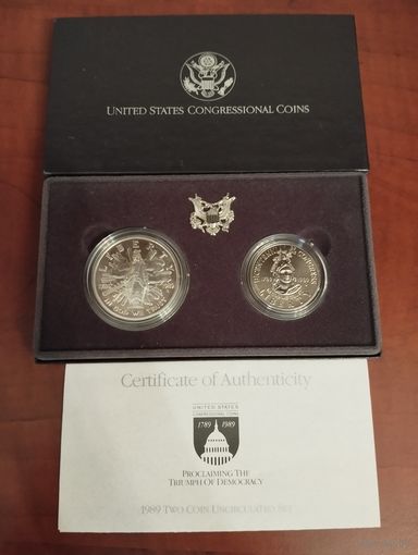 Подарочный набор США 1+0,5 доллар. 200 лет Конгрессу США, Серебро.  1989г.