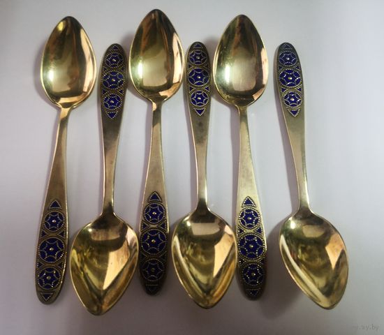 Кофейные ложки 6 шт. Горячая эмаль. Серебро 875 проба.  Позолота .