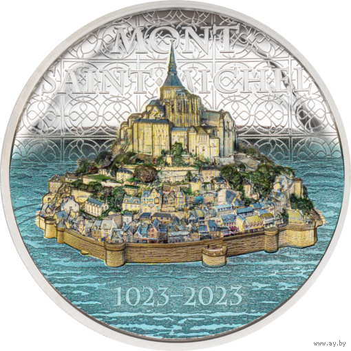 Острова Кука 10 долларов 2023г. "Мон-Сен-Мишель". Монета в капсуле; подарочной рамке - футрляре; сертификат; коробка. СЕРЕБРО 62,20гр.(2 oz).