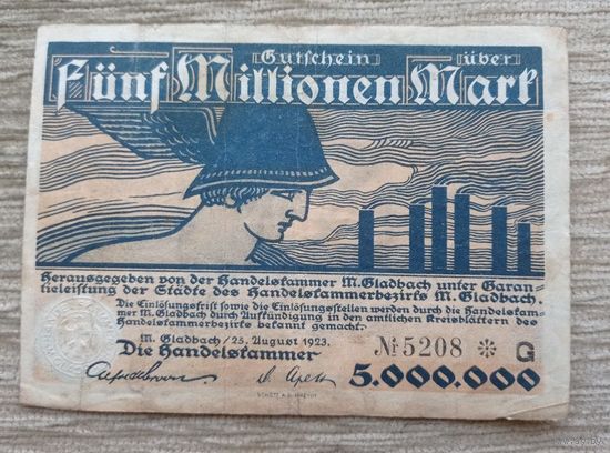 Werty71 Германия 5 миллионов 5000000 марок 1923 Мёнхенгладбах Гладбах  5 000 000 банкнота гроссгельд