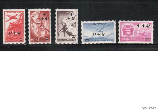 Монако-1945(Мих.297-301)    * ,  Авиапочта, Самолет, Фауна, Герб, Надп.  (полная серия)