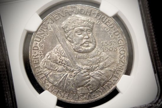 5 марок 1908 г. Саксен-Веймар-Эйзенах (Германия), Вильгельм Эрнст. "350 лет Йенскому университету". NGC MS62, редкая!