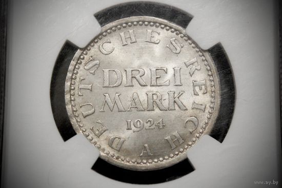 3 рейхсмарки 1924 г. Веймарская республика (Германия), Пауль фон Гинденбург. NGC MS64