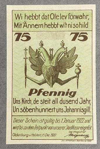 Нотгельд Ольденбург-ин-Хольштайн 75 пфеннигов 1922 год. Веймарская республика