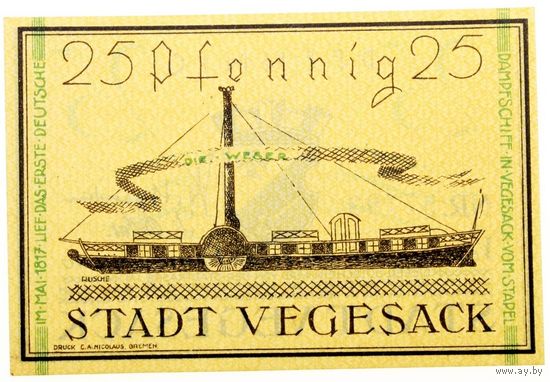 ГЕРМАНИЯ ВЕГЕЗАК (Вольный Город БРЕМЕН) 25 пфеннигов 1921 год - UNC!
