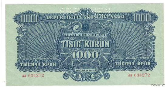 Чехословакия 1000 крон 1944 года. Перфорация. Тип P-50. Состояние aUNC+!