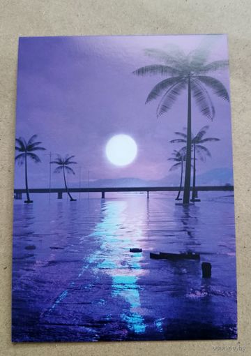 Открытка пальмы, море, луна, виды чистая