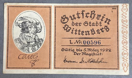 Нотгельд 50 пфеннигов 1922 год. Виттенберг. Веймарская республика