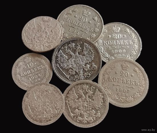 8 СЕРЕБРЯНЫХ МОНЕТ РОССИЙСКОЙ ИМПЕРИИ ( НИКОЛАЙ II , НИКОЛАЙ I )