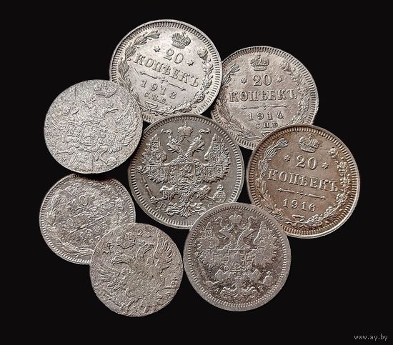 8 СЕРЕБРЯНЫХ МОНЕТ РОССИЙСКОЙ ИМПЕРИИ ( НИКОЛАЙ II , НИКОЛАЙ I )