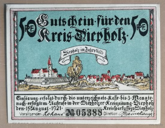 Германия, нотгельды, 50 пфеннигов 1921 год, Дипхольц (Diepholz)  273.3а. вар 2