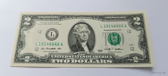 2 доллара США 2009 года,  интересный номер L 1914 6666 B из пачки пресс
