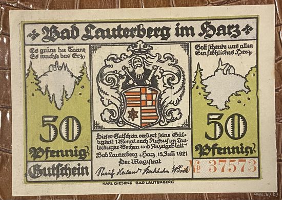 Нотгельд 50 пфеннигов 1921 год. Бад-Лаутерберг,. Веймарская республика