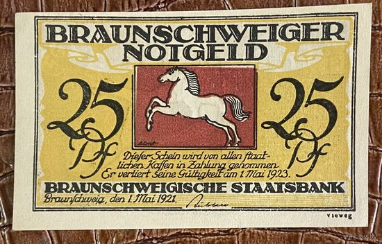 Нотгельд 25 пфеннигов 1921 год. Брауншвейг,. Веймарская республика