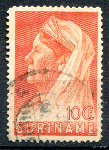 Нидерландские колонии - Суринам - 1936/39г. - королева Вильгельмина, перфорация 14, 10 с - 1 марка - гашёная [Mi 187]. #3-WB-87-A-1