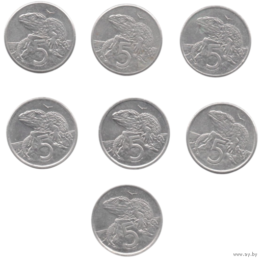 Королевство Новая Зеландия. 5 центов 1987, 1989, 1994, 1995, 1996, 1998. 3-й тип портрета. Фауна. Ящерица гаттерия (туатара). Цена за одну монету.