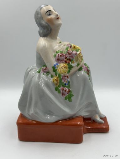 Редкая фарфоровая статуэтка лампа Limoges Дама с цветами. Арт-деко 1930-е годы. Франция. С рубля!