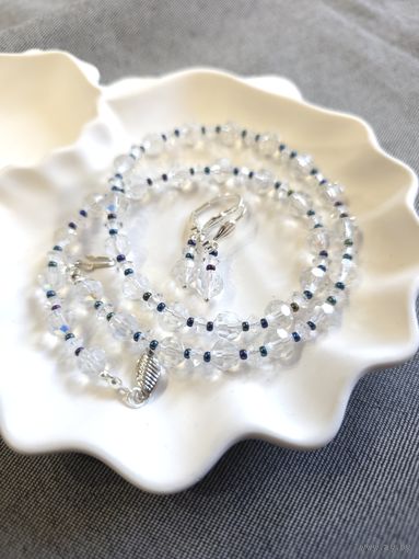 Бусы и серьги Аврора Бореалис Aurora Borealis в серебре с темными бусинами Чехословакия