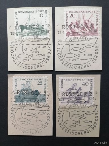 ГДР 1961 Полная серия марок на вырезках "Морское рыболовство" (спецгашение) Mi.817-820 каталог 4.00 евро