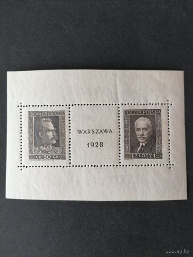 Польша 1928 Блок Mi.1 "Выставка почтовых марок в Варшаве" (чистый*, но вместо размера 115х88 имеет размер 94х67, есть след наклейки) Mi.254-255 каталог блока 600.00 евро (оценен 40% стоимости марок)